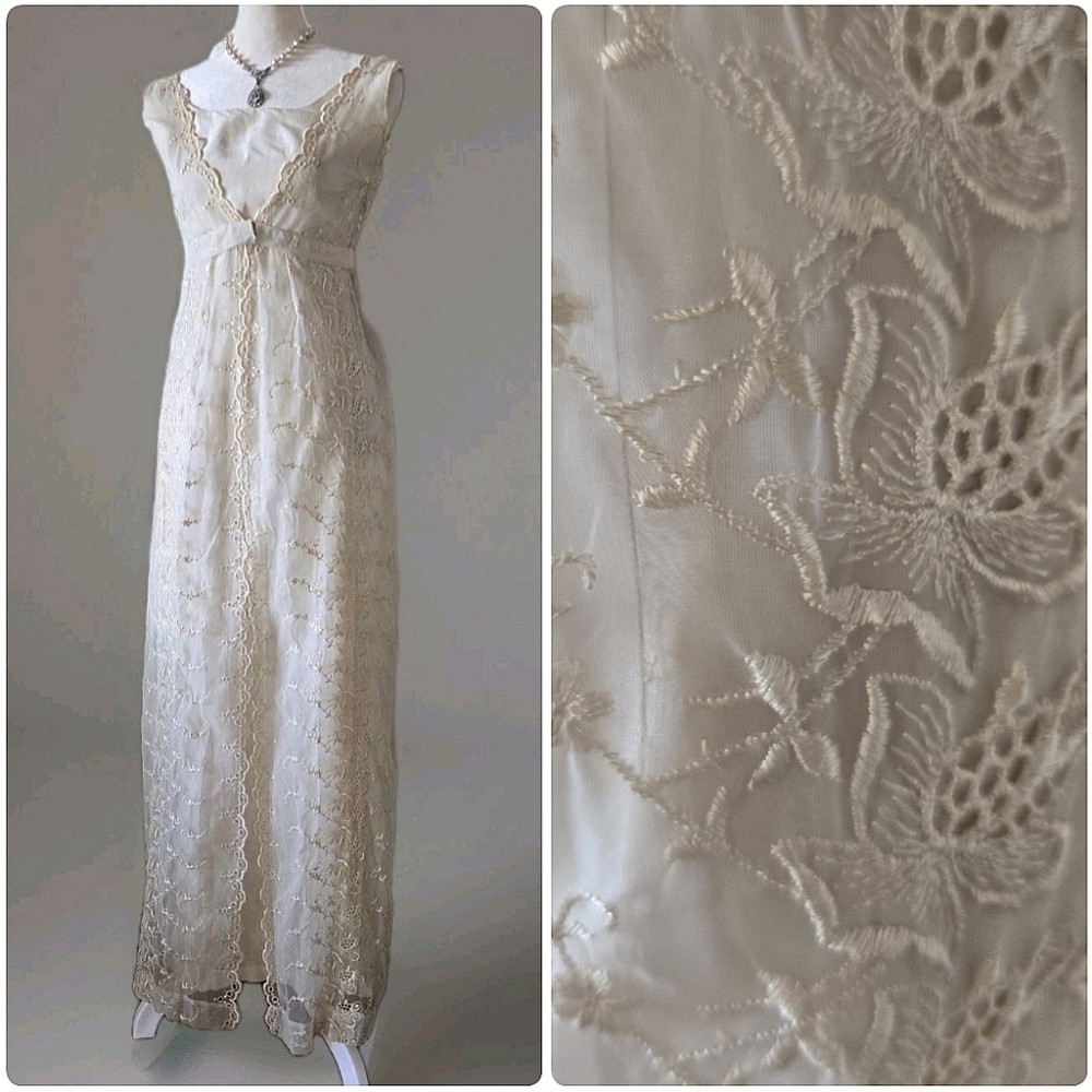 Vtg 50s 60s Floral Scallop Trim Maxi Dress, 2 Layer, Party, Wedding, 2XS/XS